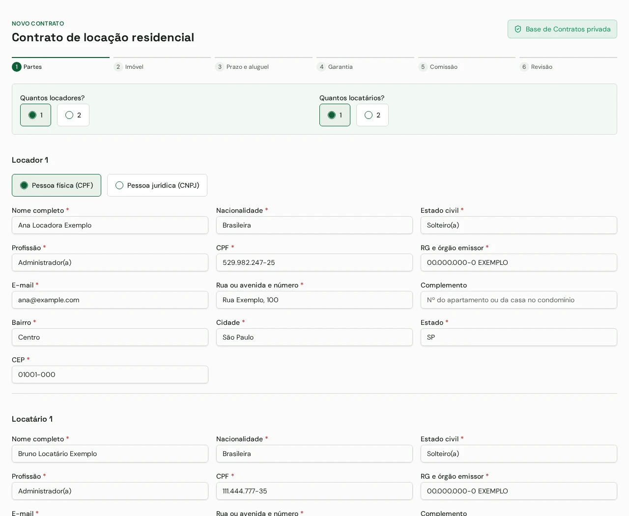 Etapa 2: Preencha os dados da locação. Captura real com dados fictícios.