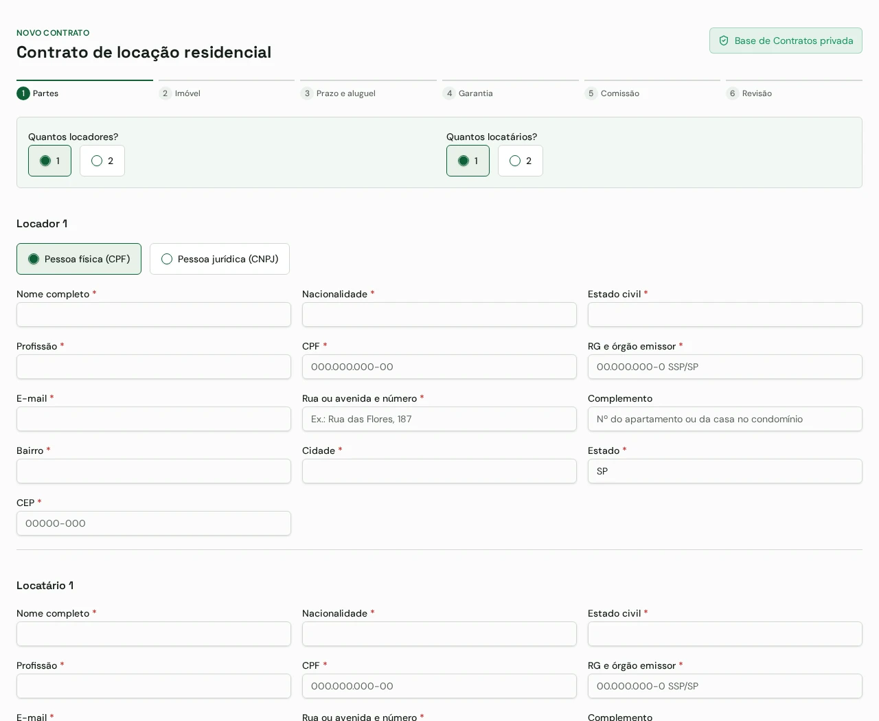 Etapa 1: Abra um novo contrato. Captura real com dados fictícios.