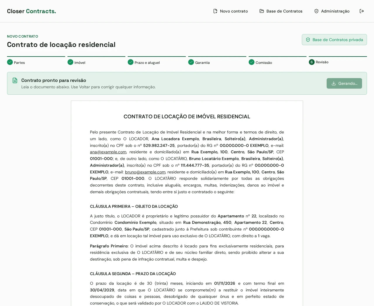 Etapa 4: Gere e baixe o PDF. Captura real com dados fictícios.