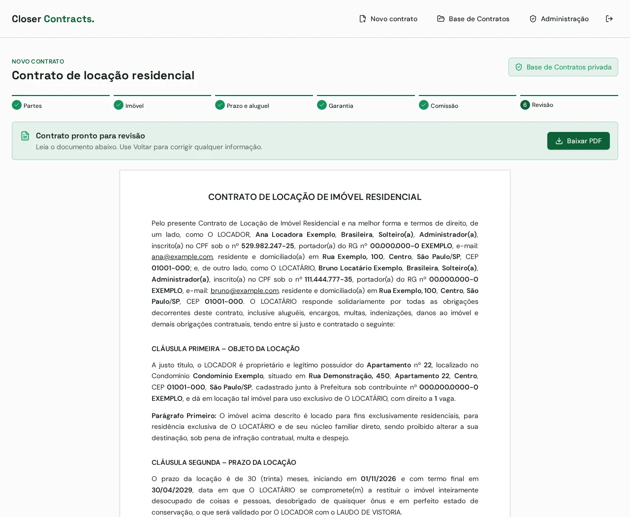 Etapa 3: Revise antes de baixar. Captura real com dados fictícios.